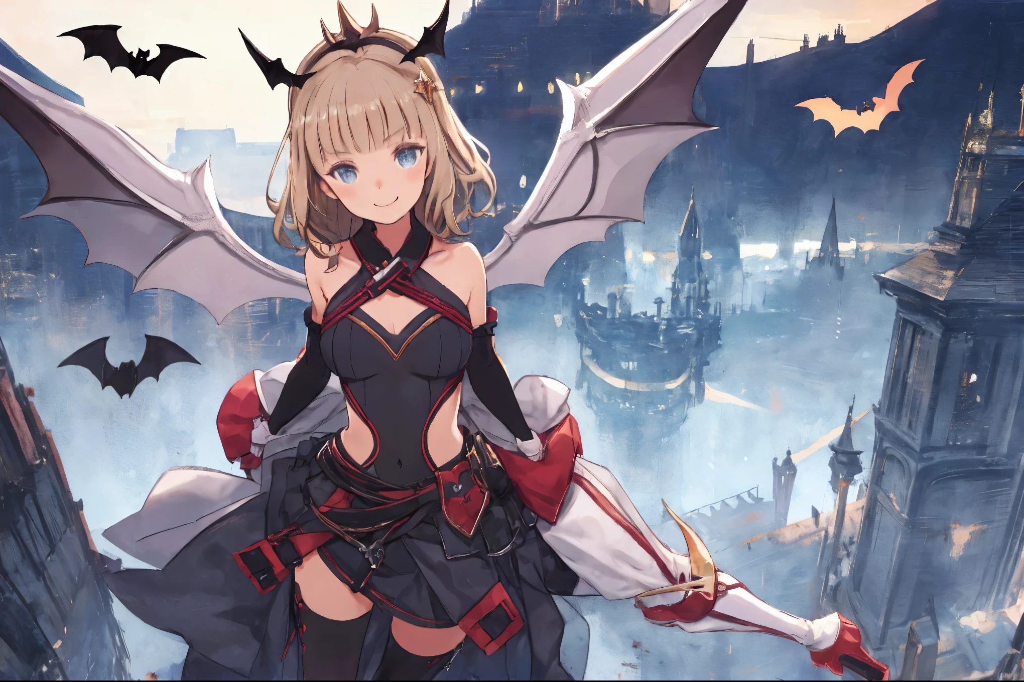fantasy, 1devil_girl, low_, platina_blond_hair,long_bangs,, bare_shoulder, navel out, thighhighs,silver_armor, white_clothes,waist_armor, Glebe, hold_swords, medium_breanamic_flying_pose,Floating, (1pair_bat_wings:1.2),(pelvic_curtain:1.3), silver_Headgear ,looking_down_at_sunrise_city_sky_background,,slightly_spread_legs, some_swords,some_swords_floating_around_the_girl,solo,horn ,smile,,open_legs,open_arms,rise_knee,rise_leg,rise_thigh,rise_leg,forward_leaning_posture,apart_legs,