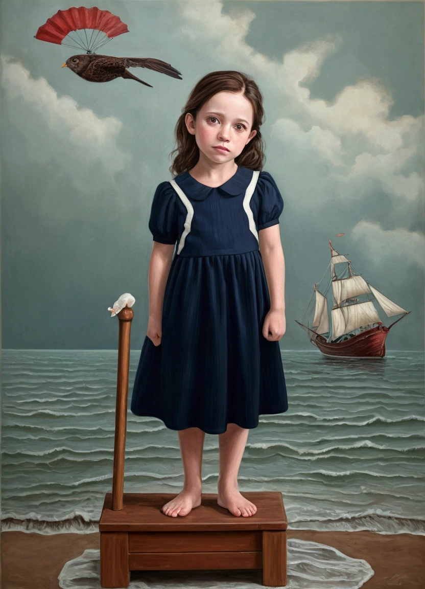 A small 10 year old woman with white skin with brown eyes and brown hair, wearing a red and white striped dress