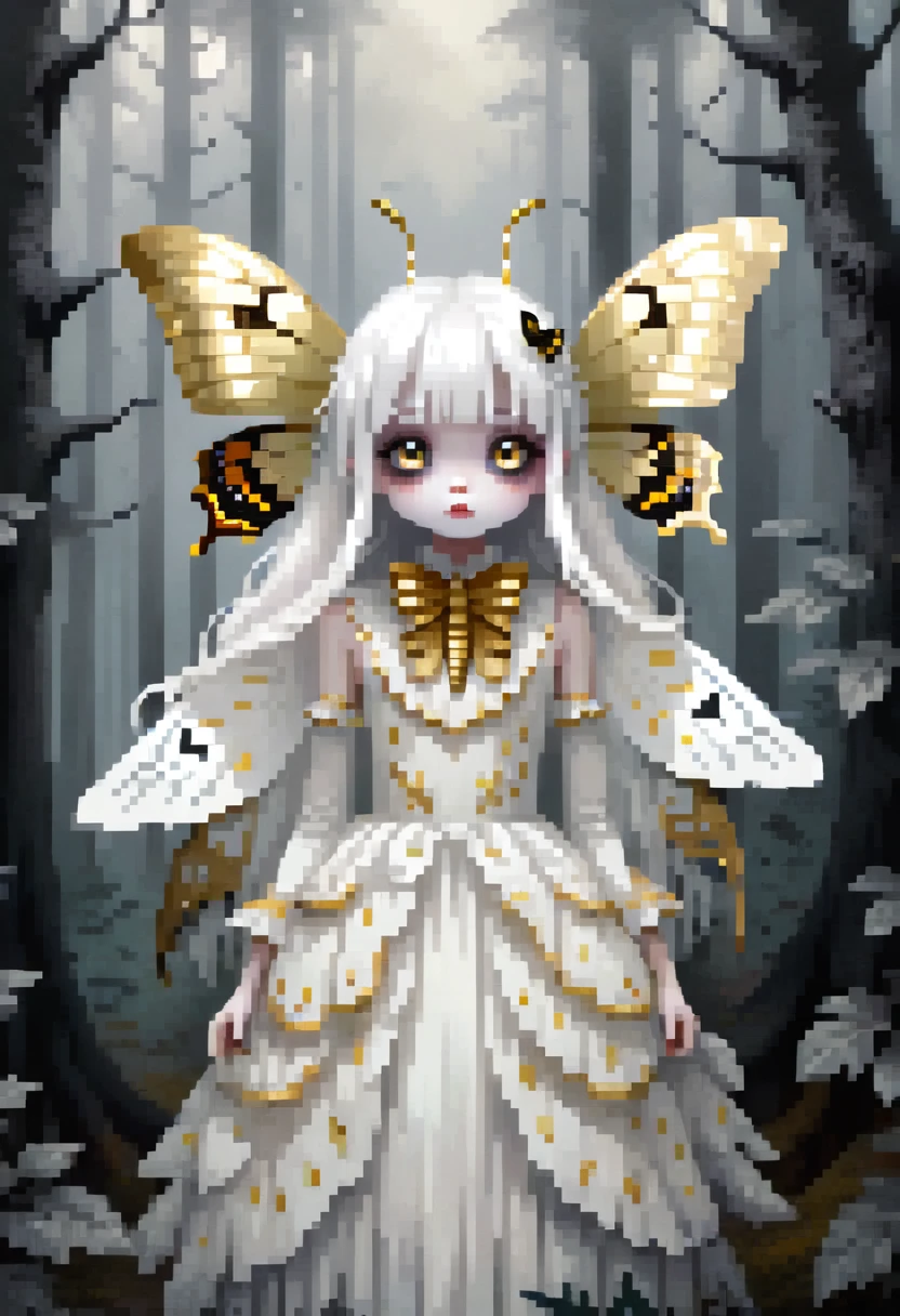 1 girl monster moth /(creepy ) long white hair,white and gold antennae on the head like a butterfly, moth wings black, white and gold, eye color black,big eyes,in a quiet dark forest,from below,pale skin,Extremely white skin,glossy body,white and gold dress 19th century costume\),background\(Dark, foggy pine forest)