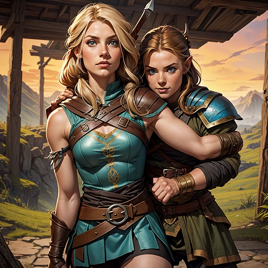 A female viking warrior rides on the shoulder of a small female halfling