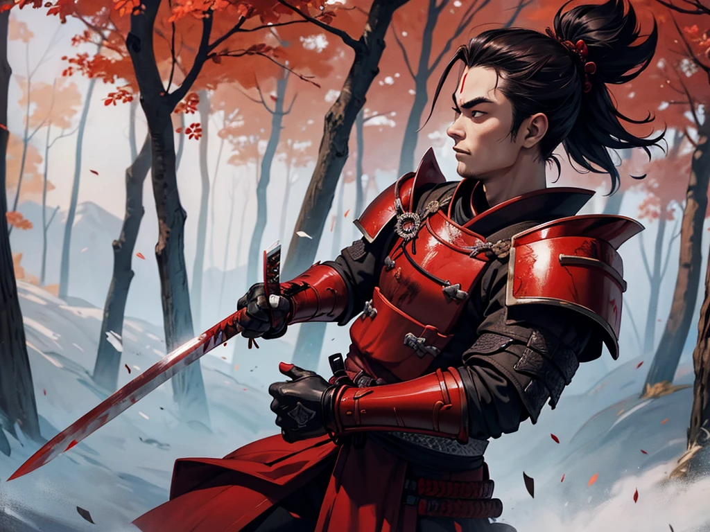 A samurai in blood red armor with black accents, in his hands a dark katana. at the forest.