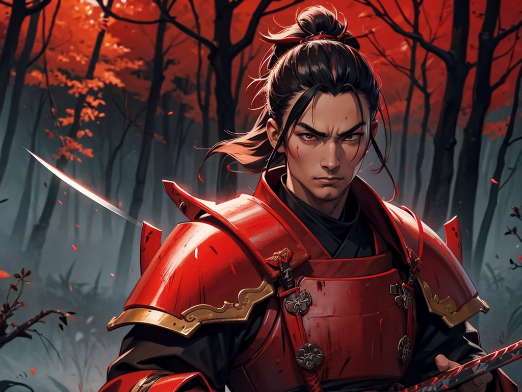 A samurai in blood red armor with black accents, in his hands a dark katana. at the forest.