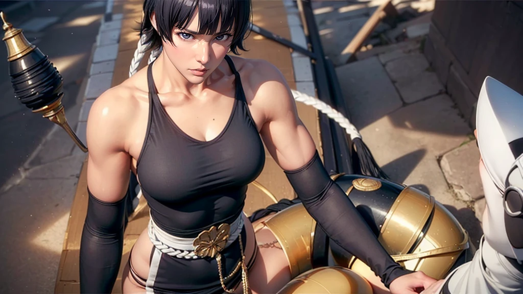 (((Perfect body,White and tender skin,(((japanese clothes, sideboob,Black top, Gold belt, black sleeves, black Japanese pants ))),(((sui-feng, short hair, short hair with long locks,Black hair))),((masterpiece)),high resolution, ((Best quality at best)),masterpiece,quality,Best quality,((( Exquisite facial features,Looking at the audience,There is light in the eyes,anger,frown))),))),(((Light and shadow,Well-developed muscles,Chest muscles,Abdominal muscles,))),(((Looking at the camera,black background,)))),