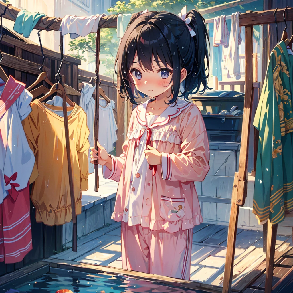 {{{Masterpiece, highest quality, high resolution background}}}, bright and beautiful atmosphere, 1 girl (5 years old, round face, baby face, young, child), small breasts, cute pajamas, {{{((On a clothesline A girl with an embarrassed face as she hangs out the wet bed to dry))}}}
, "deltamon_sdXL :0.73)>Deltamon"