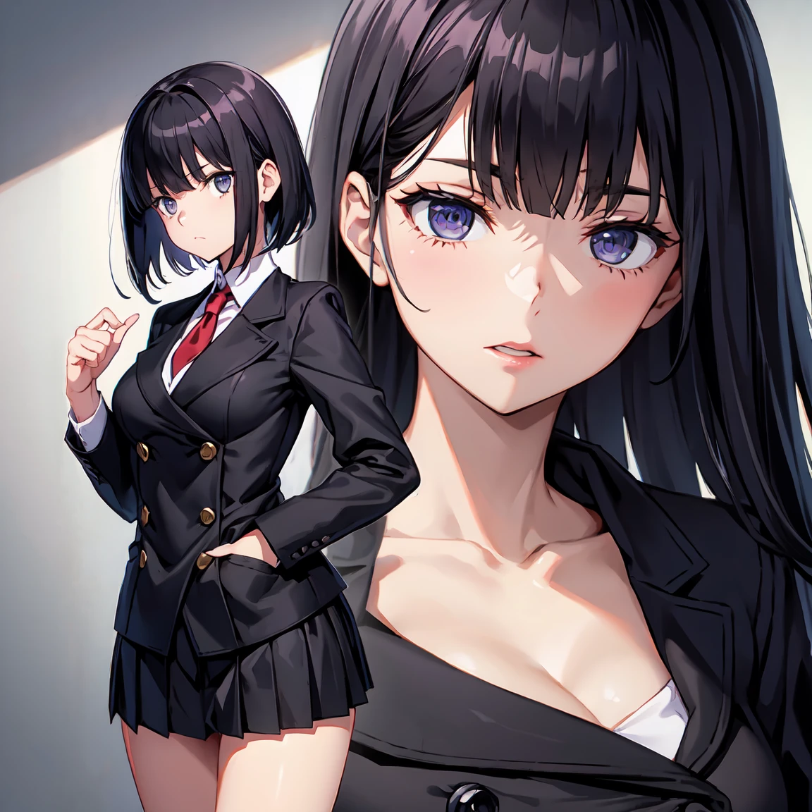 (Beautiful posture), 1Girl,slim, thin, ((black short skirt with pleats)),(((short double-breasted jacket))), (black very short jacket),(fitted clothing) ,a white blouse, (red tie short) , long bangs on face, (straight black hair to waist),gray eyes with a hint of purple, knee-deep portrait, sad, It's a nasty day, stands in the castle