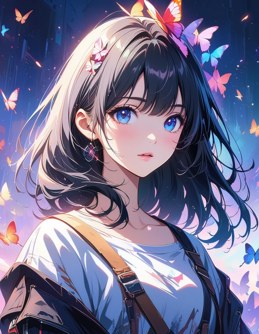 there is a picture of a girl with butterflies on her head, detailed digital anime art, anime art wallpaper 4k, anime art wallpaper 4 k, digital anime art, stunning anime face portrait, a beautiful artwork illustration, beautiful anime portrait, beautiful anime artwork, digital anime illustration, anime art wallpaper 8 k, beautiful anime art, beautiful digital illustration, detailed anime art