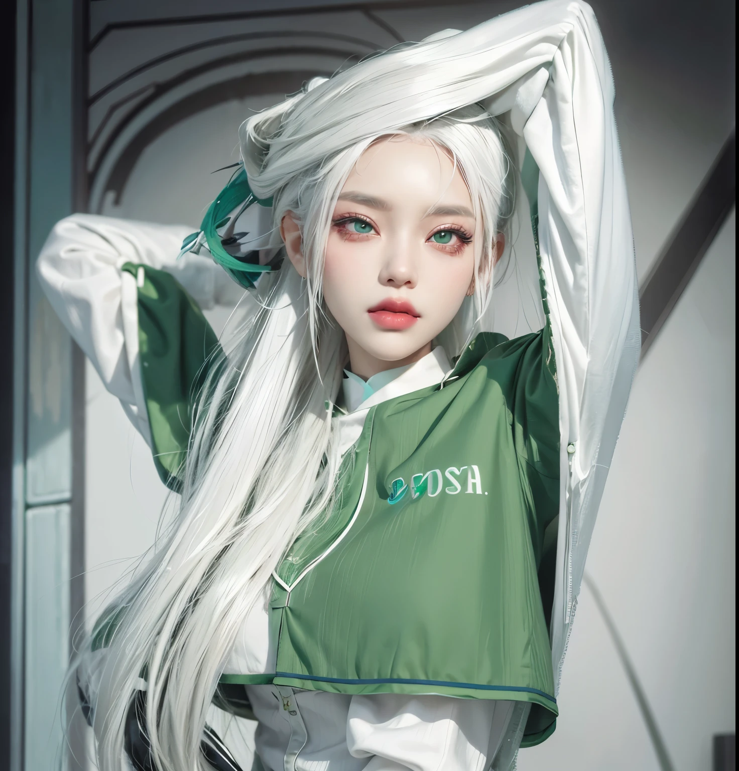 aVATAR SECOND LIFE Korean girl wearing green blouse, White hair, White hair, White hair, Asian, Perfect and detailed face, imvu, maximalist details, AVATAR SECOND LIFE Korean blusa , neon