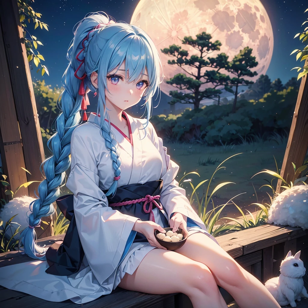 Sky blue hair, (Braided Ponytail:1.2), Pink eyes,Fair skin ,(whole body),(One Girl),Tsukimi,(White sweet dumplings ),Japanese pampas grass,(beautiful, Full moon shining in the night sky),(masterpiece, Highest quality, Very detailed, Best Shadow), (Detailed Background), (Beautifully detailed face), High Contrast, (Best lighting, Very delicate and beautiful), ((Cinematic Light)), colorful, Hyper Detail,8k, Dramatic Light, Intricate details,Sit and eat dumplings while watching the moon,(Shadow of a rabbit on the moon),mysterious