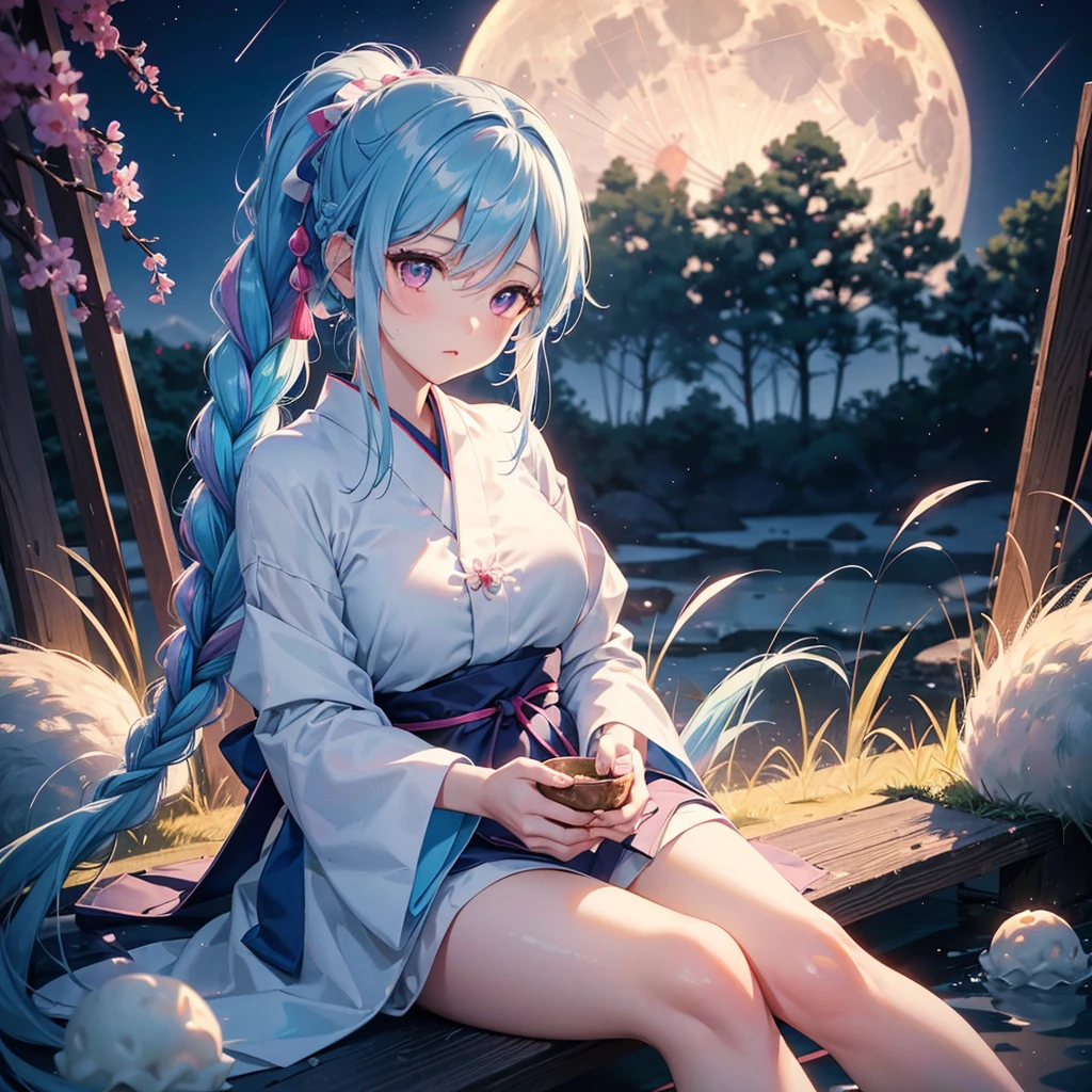 Sky blue hair, (Braided Ponytail:1.2), Pink eyes,Fair skin ,(whole body),(One Girl),Tsukimi,(White sweet dumplings ),Japanese pampas grass,(beautiful, Full moon shining in the night sky),(masterpiece, Highest quality, Very detailed, Best Shadow), (Detailed Background), (Beautifully detailed face), High Contrast, (Best lighting, Very delicate and beautiful), ((Cinematic Light)), colorful, Hyper Detail,8k, Dramatic Light, Intricate details,Sit and eat dumplings while watching the moon,(Shadow of a rabbit on the moon),mysterious