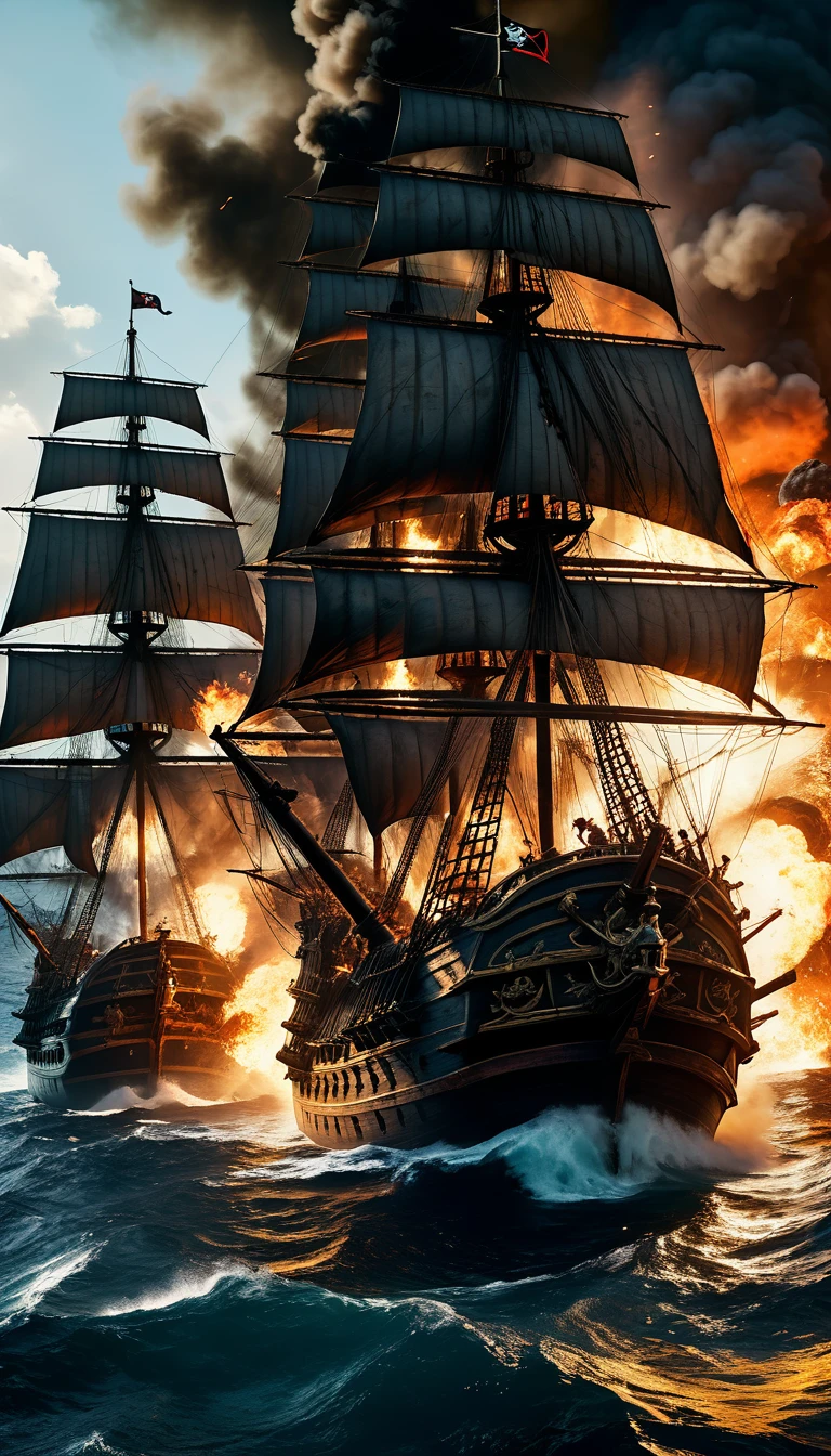 a dramatic cinematic scene of a pirate war, great naval battle in the caribbean during the 18th century, multiple ships shoot each other, with damages, fire, smoke, wounded pirates, dueling pirates fighting with swords and guns, aerial view, (best quality,4k,8k,highres,masterpiece:1.2),ultra-detailed,(realistic,photorealistic,photo-realistic:1.37),dramatic lighting,epic scale,intense action,dynamic composition,moody color palette,chiaroscuro lighting,cinematic framing,high contrast