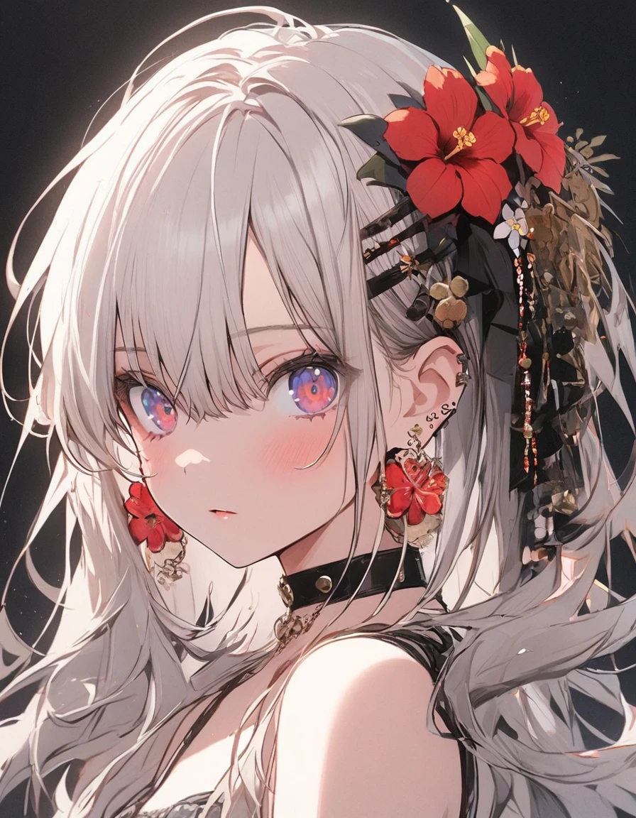 1girl, , kawaii, long hair, bangs, hair ornament, hair between eyes, bare shoulders,wearing bikini, jewelry, flower, white hair, earrings, choker, hair flower, from front, portrait, simple black background