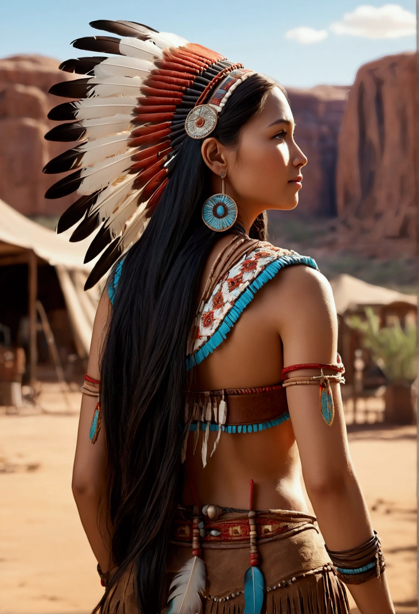 ((Masterpiece)), ((best quality)), ((height)), very detailed)), 1 girl wearing Pocahontas, Full body shot from the rear view, Beautiful Native American woman, mature woman, big breast, (Very realistic), (Unrivaled beauty), Fine texture, Fine fabric, Beautifully detailed face, complicated details, very detailed, Native feather ornaments, feather headdress, (ชุดชั้นในและเดรสสีเหลืองทำมือแบบoriginal), (((wild west))) environment, In the middle of the desert, (lying on the floor), (random angles), look at the audience, smile, random angle, ultra realistic, concept art, elegant, ((complicated)), ((Highly detailed)), depth of field, ((Professional color grading)), soft ambient light, twilight, (best quality, High resolution, realistic, original, 8ก,Masterpiece, ),best quality, Masterpiec8ก.HDR. High ribs:1.2, Film texture, Bokeh Bleu:1.2, lens flare, (bright colors:1.2), (delicate),