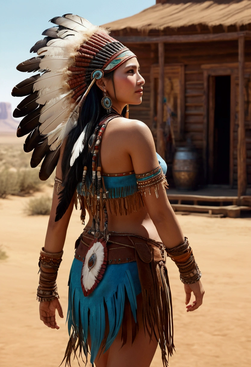 ((Masterpiece)), ((best quality)), ((height)), very detailed)), 1 girl wearing Pocahontas, Full body shot from the rear view, Beautiful Native American woman, mature woman, big breast, (Very realistic), (Unrivaled beauty), Fine texture, Fine fabric, Beautifully detailed face, complicated details, very detailed, Native feather ornaments, feather headdress, (ชุดชั้นในและเดรสสีเหลืองทำมือแบบoriginal), (((wild west))) environment, In the middle of the desert, (lying on the floor), (random angles), look at the audience, smile, random angle, ultra realistic, concept art, elegant, ((complicated)), ((Highly detailed)), depth of field, ((Professional color grading)), soft ambient light, twilight, (best quality, High resolution, realistic, original, 8ก,Masterpiece, ),best quality, Masterpiec8ก.HDR. High ribs:1.2, Film texture, Bokeh Bleu:1.2, lens flare, (bright colors:1.2), (delicate),