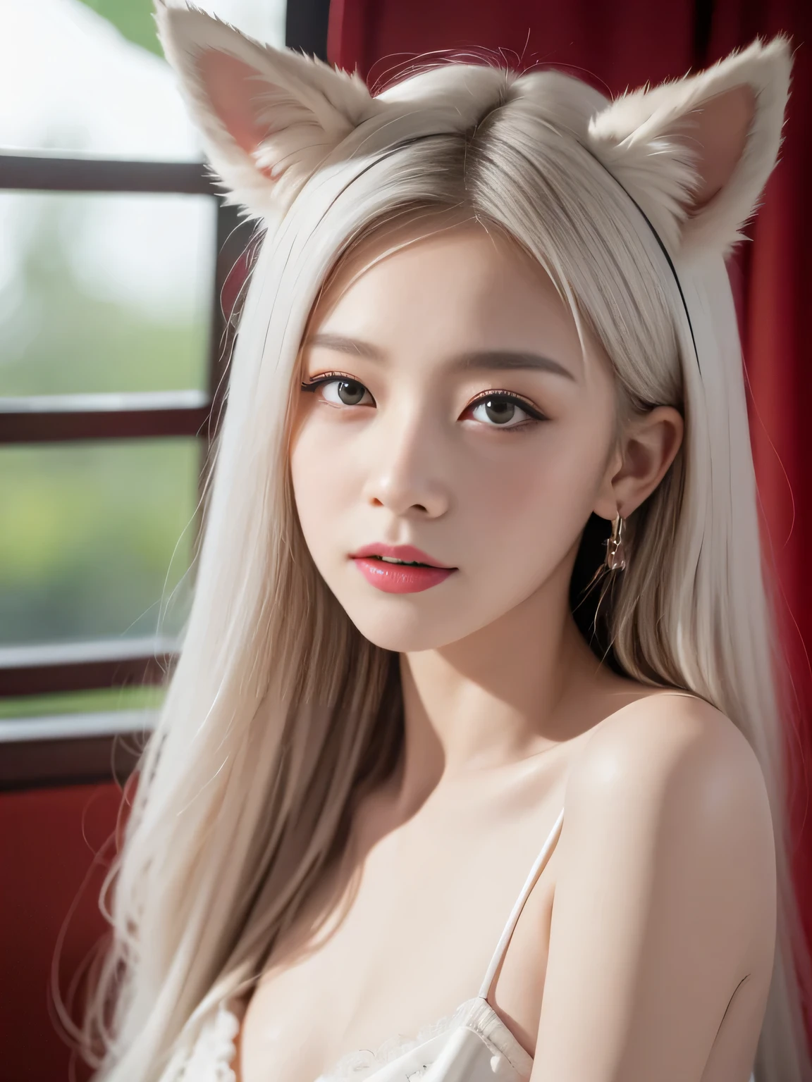 (masterpiece, best quality:1.2), Facial Expressions,Red Eyes,White hair,Fox ears,Pitiful,blush,look down