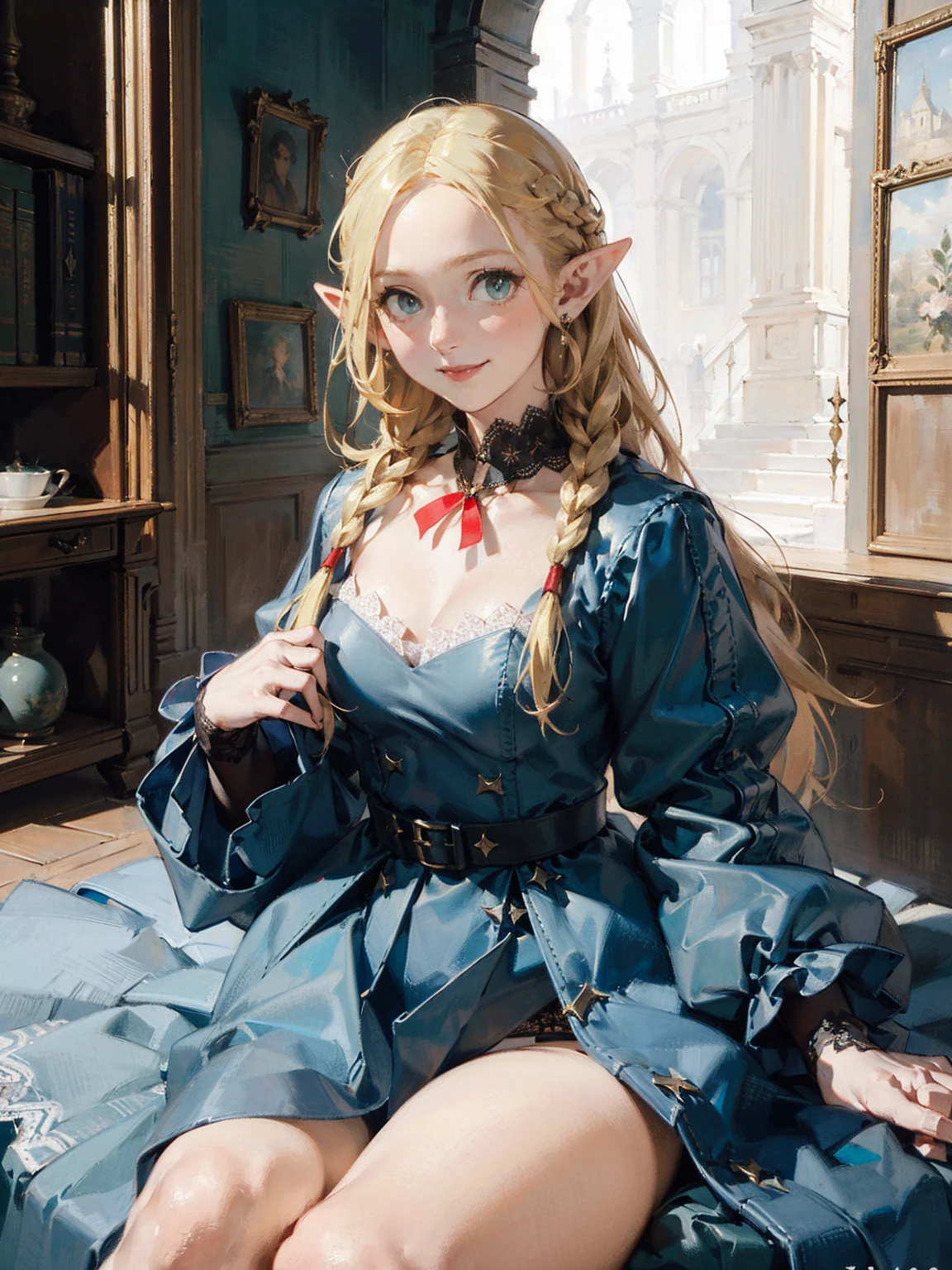 Gothic fashion woman,(masterpiece, Highest quality) detailed,Silver Accessories , blonde ,Pointy Ears ,Lace Underwear,Double Tail,Waist-length hair,smile,White lace socks,Rococo、Gorgeous dress