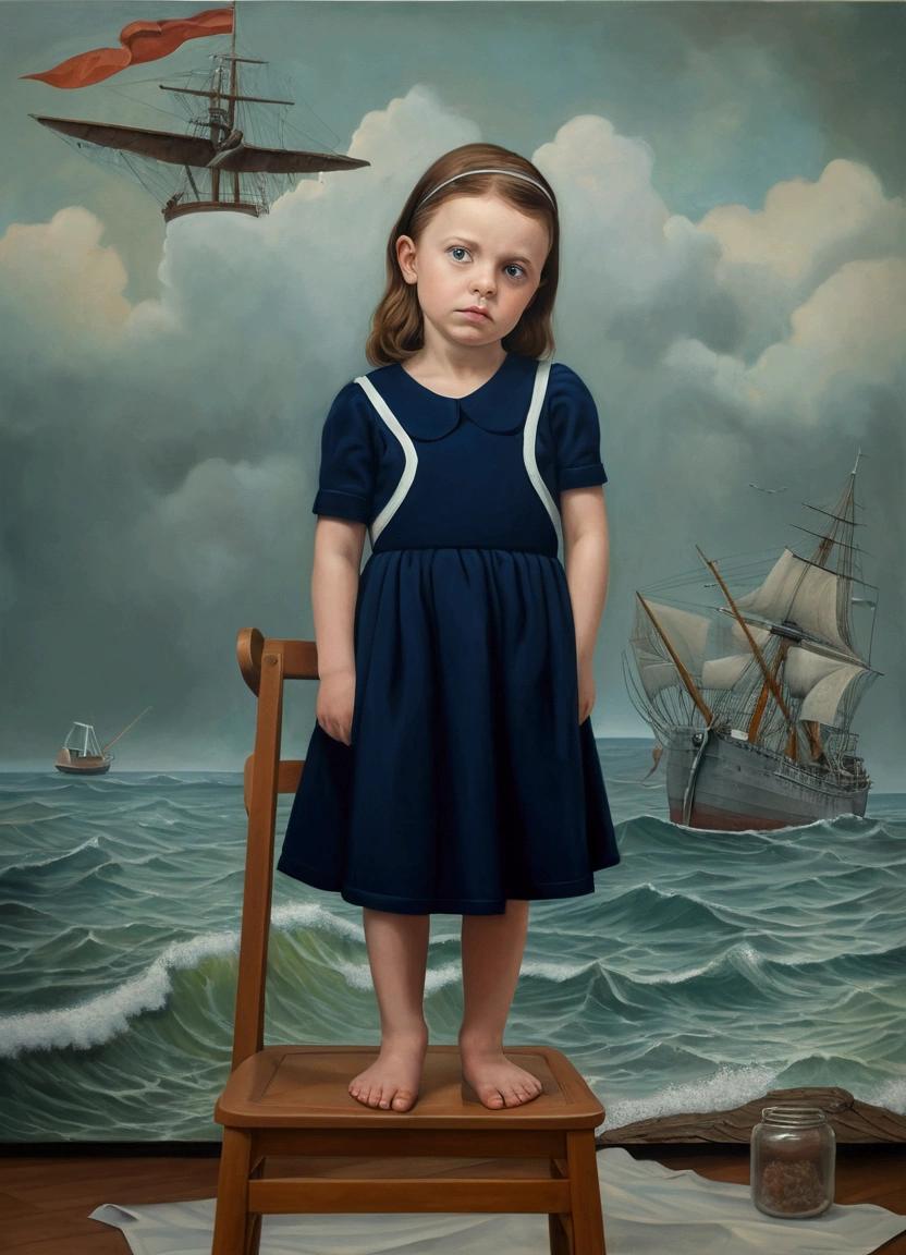 there is a standing on a chair in front of a painting, inspired by Stevan Dohanos, portrait picture, inspired by Charles Addams, girl with warship parts, portrait photo of a backdrop, inspired by Frieke Janssens, inspired by Gottfried Helnwein, inspired by Alice Prin, full portrait, inspired by Charles Gleyre, surreal