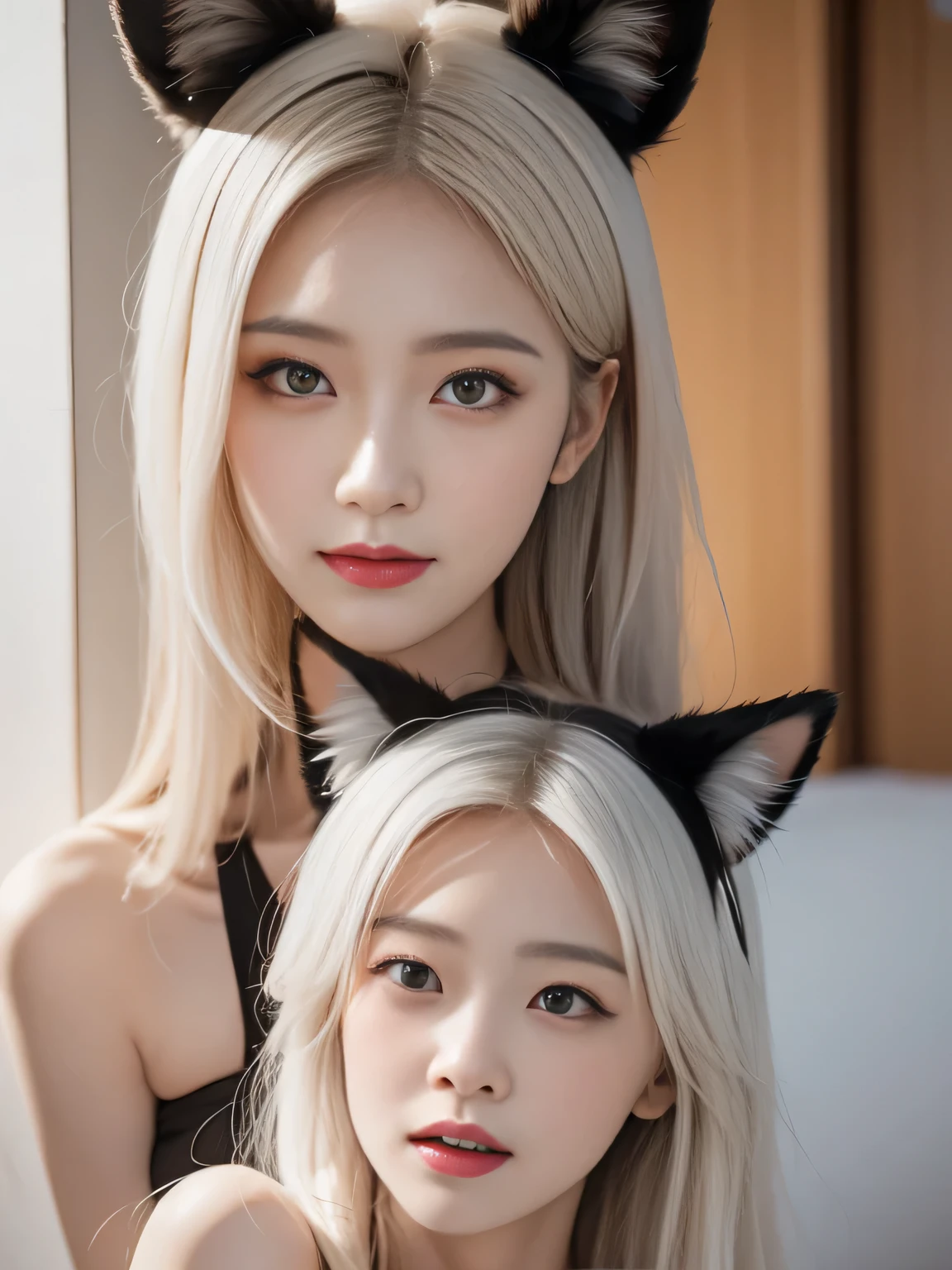 (masterpiece, best quality:1.2), Facial Expressions,Red Eyes,White hair,Fox ears,Pitiful,blush,look down