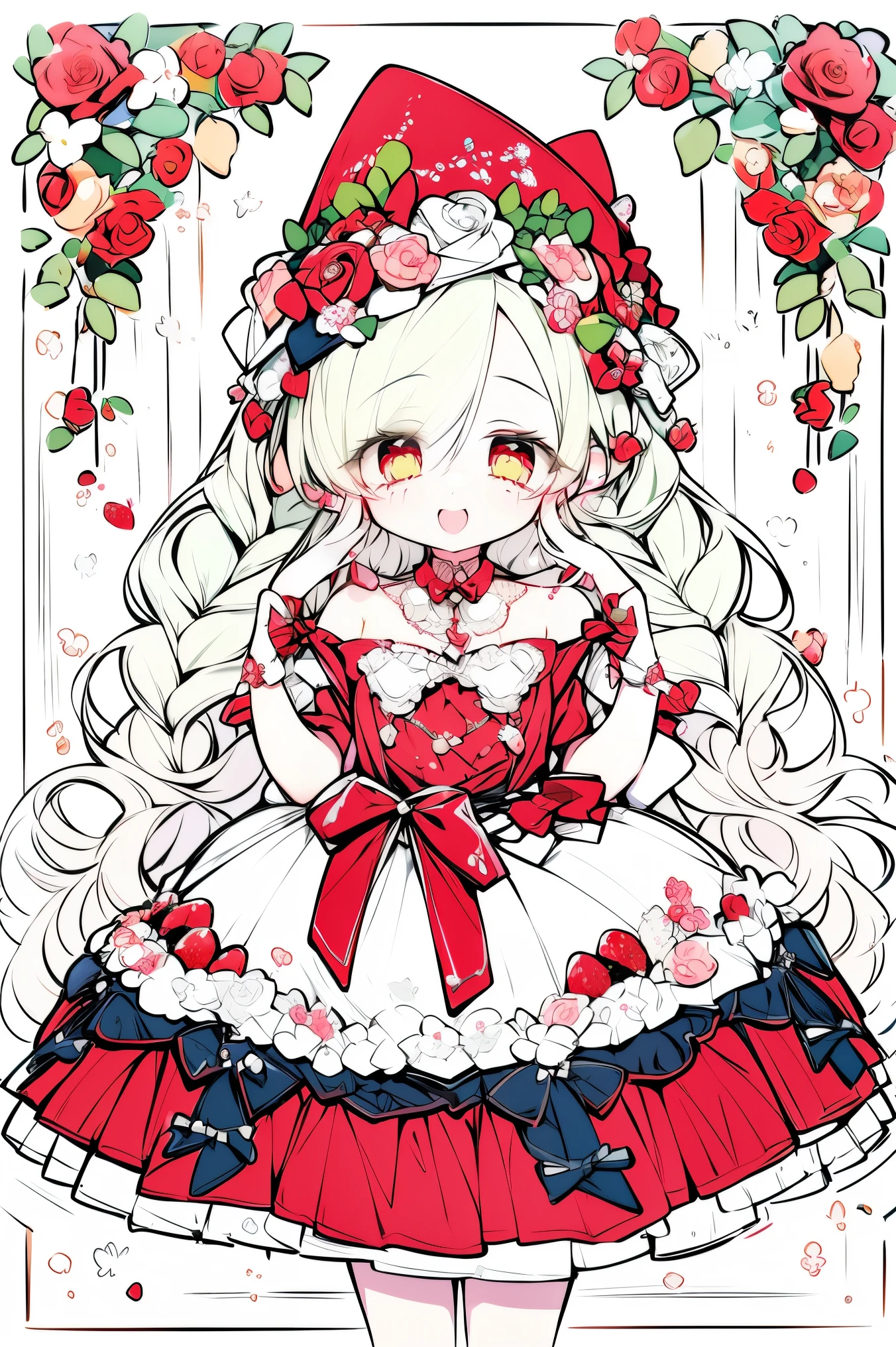 1girl, wearing a (rose print) dress, in a ((strawberry field)), happy and smiling, mythical world with giant fruit 🍓, foamy teal light muted color palette🎨, hands in hips, energetic, fashion dress, fruits, long hair in braids, foam green hair