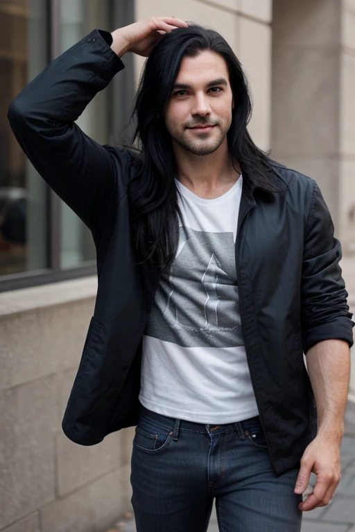 Handsome, thin muscular White man,  goth long black hair, male in his 30s, unshaved stubble, gray eyes, deep eyes, wearing a black jacket, a t-shirt, and jeans, soft smiling, deep blue gray eyes