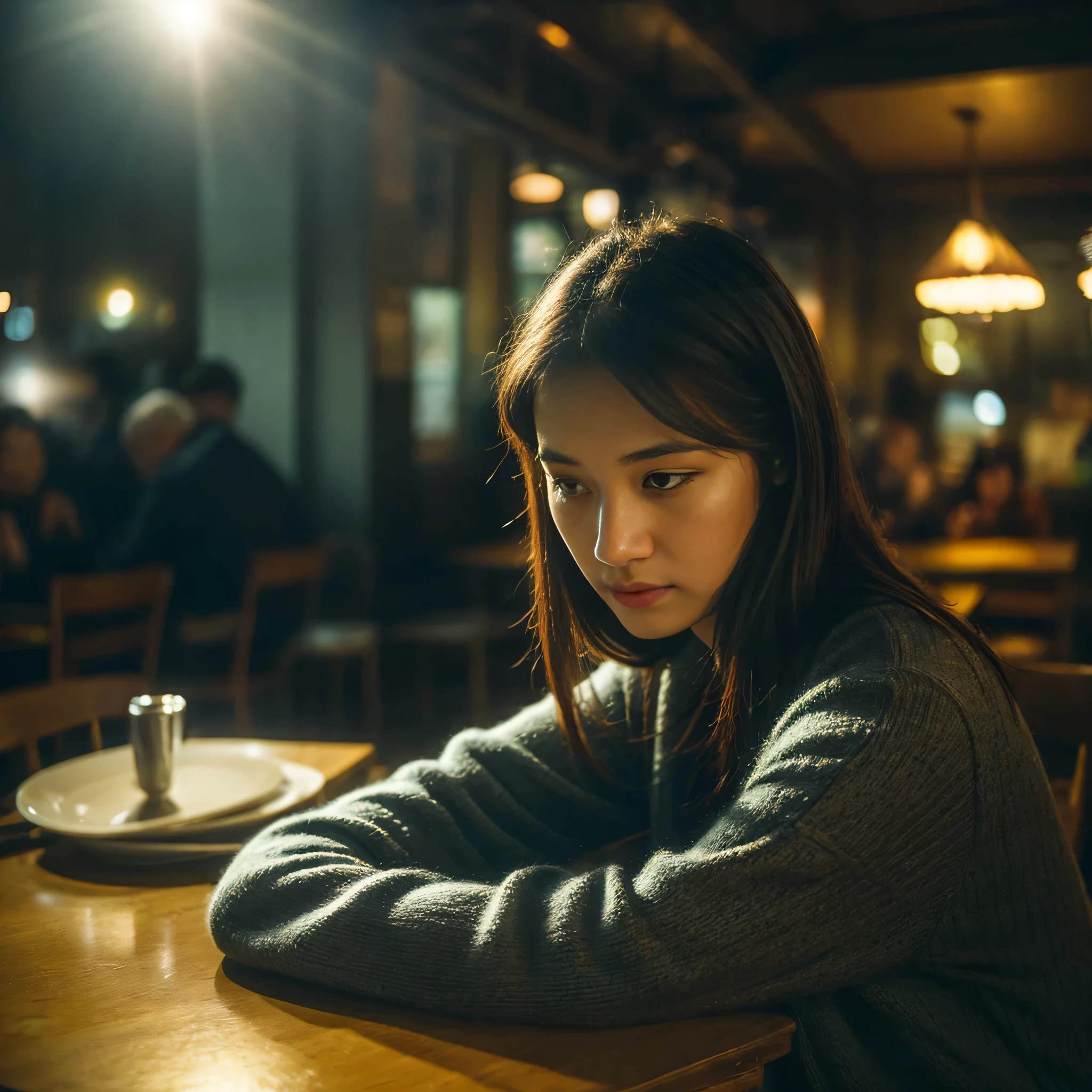 "A lonely woman sitting in the corner of a cozy cafe, surrounded by people still isolated. She looks deep in thought, Your expression reflecting sadness and loneliness. The scene is softly lit, with heat, ambient light casting soft shadows. The background appears blurred, indistinct faces of other cafe customers, emphasizing your feeling of disconnection.
The background must include elements of nature, symbolizing growth and healing, and a subtle light breaking through, indicating hope and new beginnings.""。 high resolution, work of art, highest quallity, details Intricate, very detailled, Focus Clear, delicate skin, practical skin texture, texture, Delicate Eyes, proffesional, 4K, shot with Canon, 85mm, Shallow and deep, Cores Kodak Vision, Exactly, very detailled, fot_\(extremist\), fotpractical, practical, Post-processing, Maximum details, roughness, real-life, extremist practical, fotorrealism, fotgraphy, 8k ultra-HD, fotgraphy