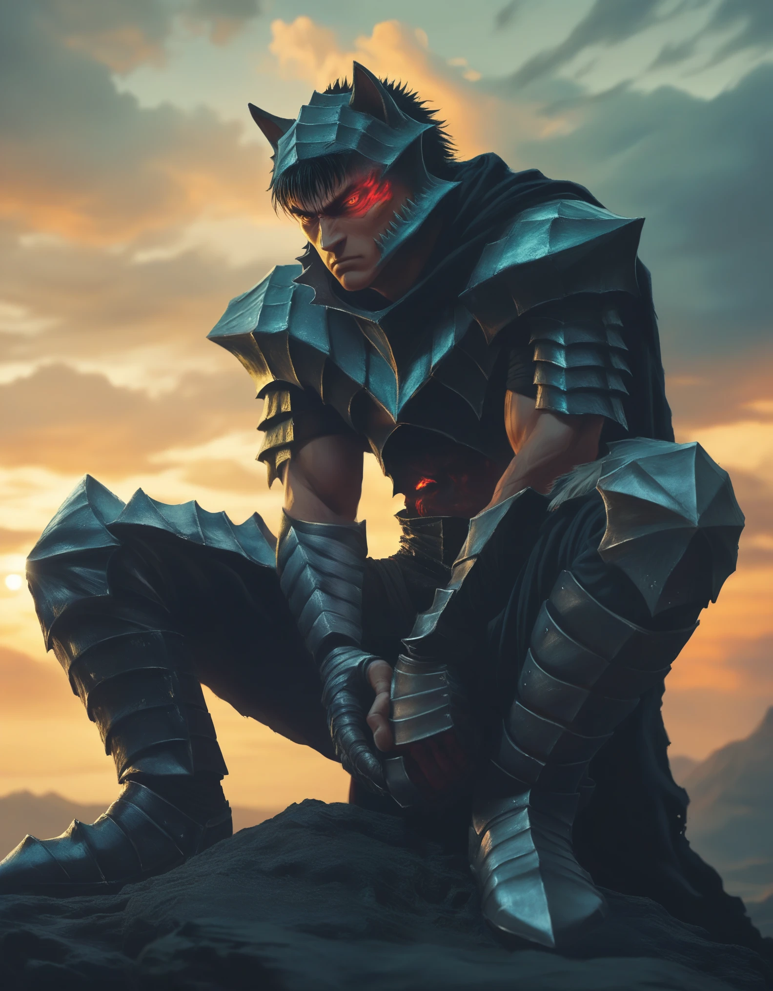 Guts (Berserk), Digital painting featuring a dark, fantasy-themed scene with anatomically correct human Guts berserk proportions, inspired by the style of Kentaro Miura, with a Seinen manga aesthetic. The layout is vertical, with the central subject being a humanoid figure in highly detailed, elaborate, dark armor, perched on a jagged rock formation. The figure has a wolf-like helmet with glowing red eyes and is holding a large, menacing sword over its shoulder. The armor is intricately detailed with sharp, angular designs and a fur-like texture around the shoulders and waist, showcasing a high level of realism. The background is a dramatic, stormy sky with hues of red, purple, and orange, suggesting a sunset or sunrise. The image is rendered in high-quality 4K resolution, with a focus on super detail and realistic textures. "Artvision1999"