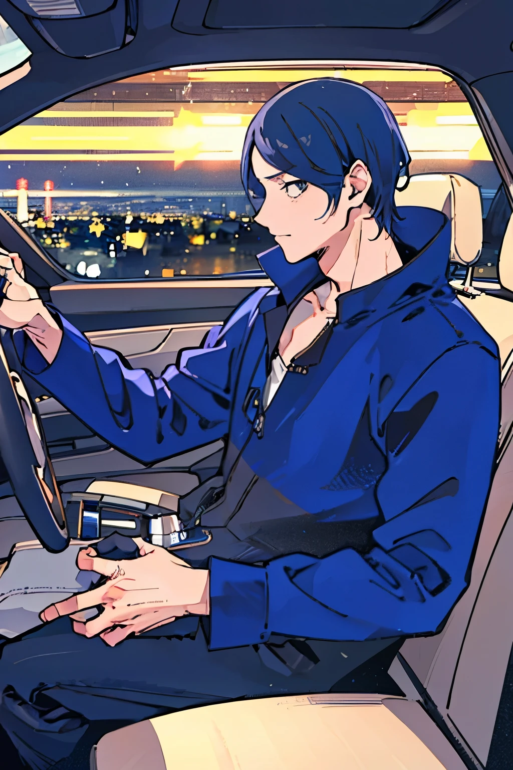 A man sitting in the seat with his hands on the steering wheel, as if the camera were in the passenger seat, he's driving in a city at night