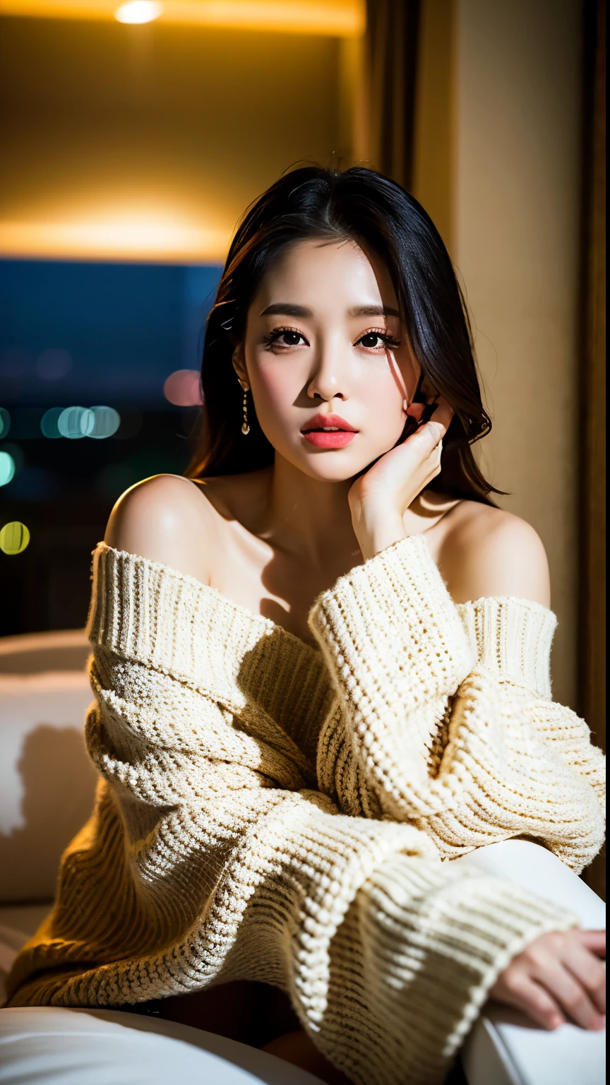 best quality ,masterpiece,ultra high res,(photo realistic:1.4), 1 girl, looking at viewer, Wearing oversized off-shoulder knit over lingerie, korean famous actress, very beautiful,kawaii, Cinematic, 35mm lens, f/ 1. 8, accent lighting, 8k, at luxury hotel