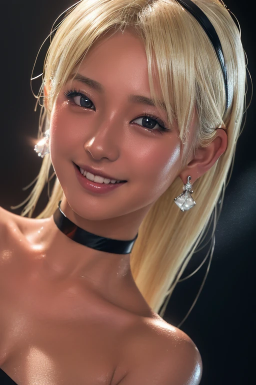 (Highest quality, 4K, 8k, High resolution, masterpiece:1.2), Very detailed, (Realistic, photoRealistic, photo-Realistic:1.37)、club、stage、Japanese、smile、(Completely naked)、ear piercing、Blonde with a black choker、(Hairstyle:random),Shiny skin caused by lotion、clear、Oily skin、Sweaty skin、Photographed from the waist up