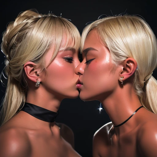 (Highest quality, 4K, 8k, High resolution, masterpiece:1.2), Very detailed, (Realistic, photoRealistic, photo-Realistic:1.37)、club、stage、Japanese、Two Girls、(kiss)、(Completely naked)、ear piercing、Blonde with a black choker、(Hairstyle:random),Shiny skin caused by lotion、Gal Fashion、Oily skin、Sweaty skin、Photographed from the waist up