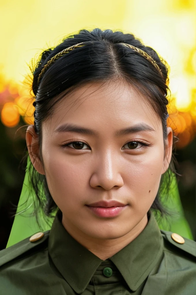 edited, portrait of a 30 year old Vietnamese man, wearing a green Vietnamese army uniform, green hat, beautiful studio with green background, black hair, gaping mouth, realistic facial skin with five eyes cup, 8k uhd, dslr, soft light, high quality, film grain, Fujifilm XT3, realistic, solo, (light pink lotus), masterpiece, surreal, 32k, ultra detailed CG unity 8k wallpaper , best quality