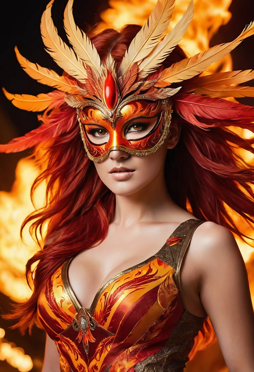 **Ignis: The Fiery Rockstar**

In the realms of Fantasy and Rock, behold Ignis, a vibrant 28-year-old woman adorned with a mask inspired by a phoenix. This mask, featuring stylized feathers and intricate details in red, orange, and gold, evokes the imagery of ascending flames. Her fiery red hair, streaked with shades of flame, flows long and wavy, mimicking the dance of fire in the wind. With amber eyes that gleam with a burning intensity, she captivates the audience with a passionate gaze.

Ignis stands on the stage of a rock concert, surrounded by pyrotechnics and dazzling fire effects. The stage is bathed in vibrant lights and dancing flames, with the energy of the music and fire intertwining to create an electrifying and powerful atmosphere. The synergy of the performance and the fiery ambiance envelops the crowd, leaving them mesmerized by the spectacle.

