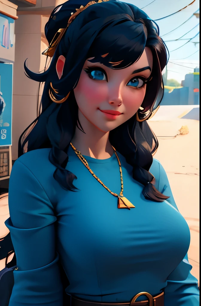 arafed woman in a blue dress with a gold belt and a necklace, 3 d render character art 8 k, trending on cgstation, chengwei pan on artstation, inspired by Lan Ying, 8k artgerm bokeh, 8k high quality detailed art, deviantart artstation cgscosiety, cgsociety 8k, cgsociety 8k