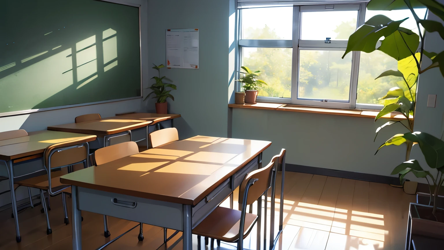High level of image quality、Bright，clean，Cover、study，table，Green plants，Simple，Head-up，School