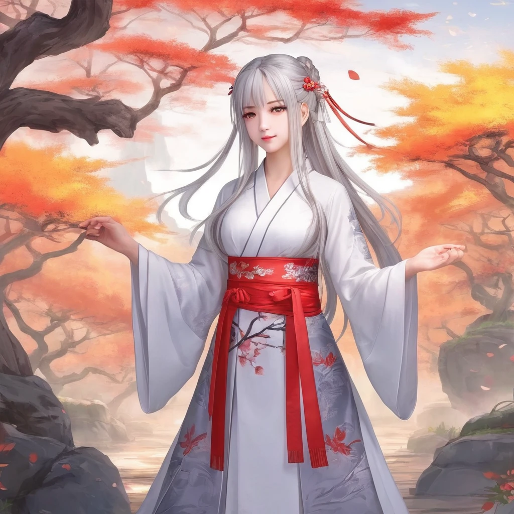 masterpiece, best quality, 1girl, solo, long hair, looking at viewer, smile, bangs, hair ornament, red eyes, long sleeves, dress, standing, collarbone, white hair, grey hair, alternate costume, wide sleeves, tree, chinese clothes, hairpin, hanfu, ningguang (genshin impact), Ningguang,  