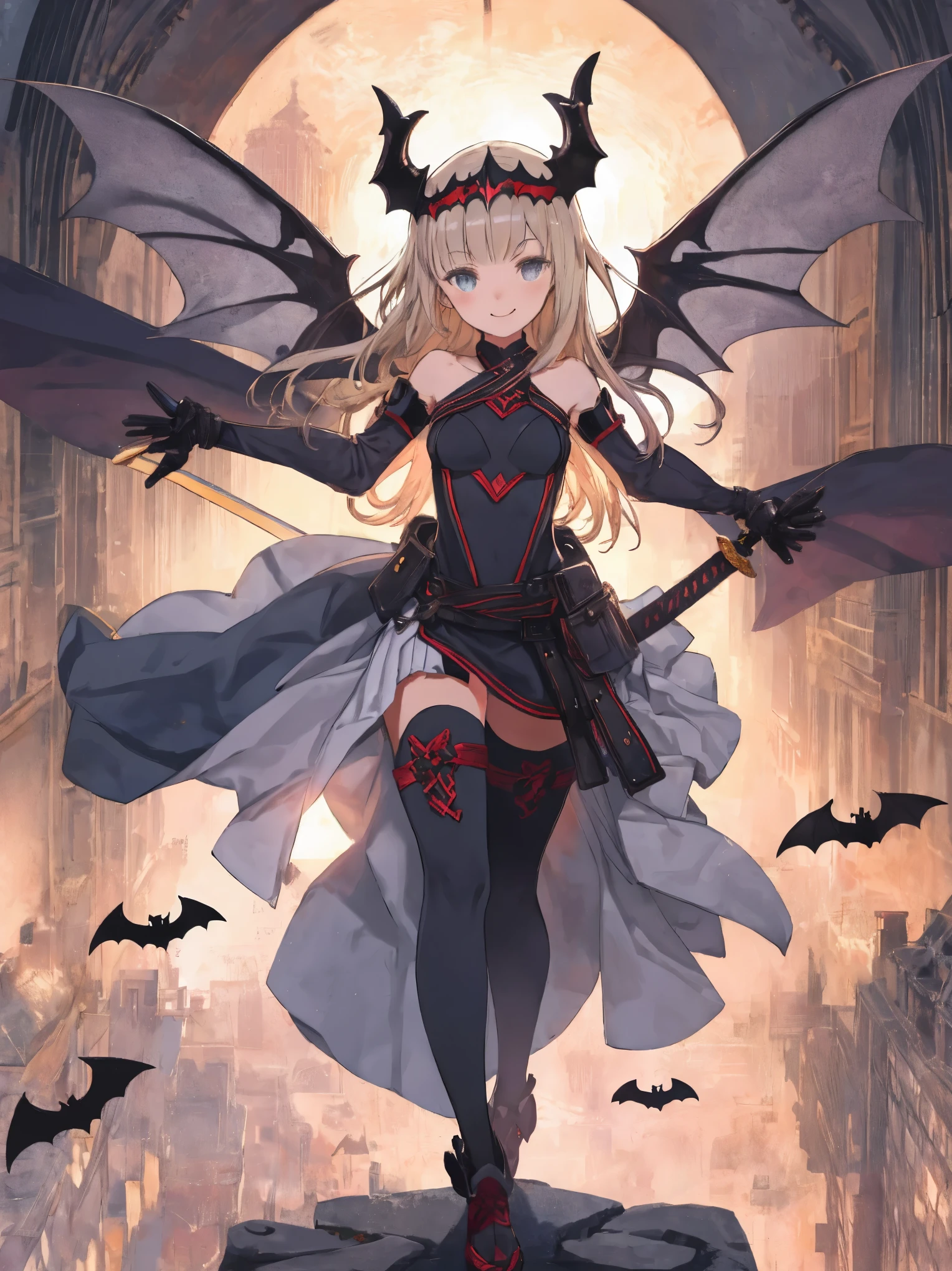 fantasy, 1devil_girl, low_teen, platina_blond_hair,long_bangs,, bare_shoulder, navel out, thighhighs,silver_armor, white_clothes,waist_armor, Glebe, hold_swords, medium_breasts, dynamic_flying_pose,Floating, (1pair_bat_wings:1.2),(pelvic_curtain:1.3), silver_Headgear ,looking_down_at_sunrise_city_sky_background,,slightly_spread_legs, some_swords,some_swords_floating_around_the_girl,solo,horn ,smile,,open_legs,open_arms,rise_knee,rise_leg,rise_thigh,rise_leg,forward_leaning_posture,apart_legs,