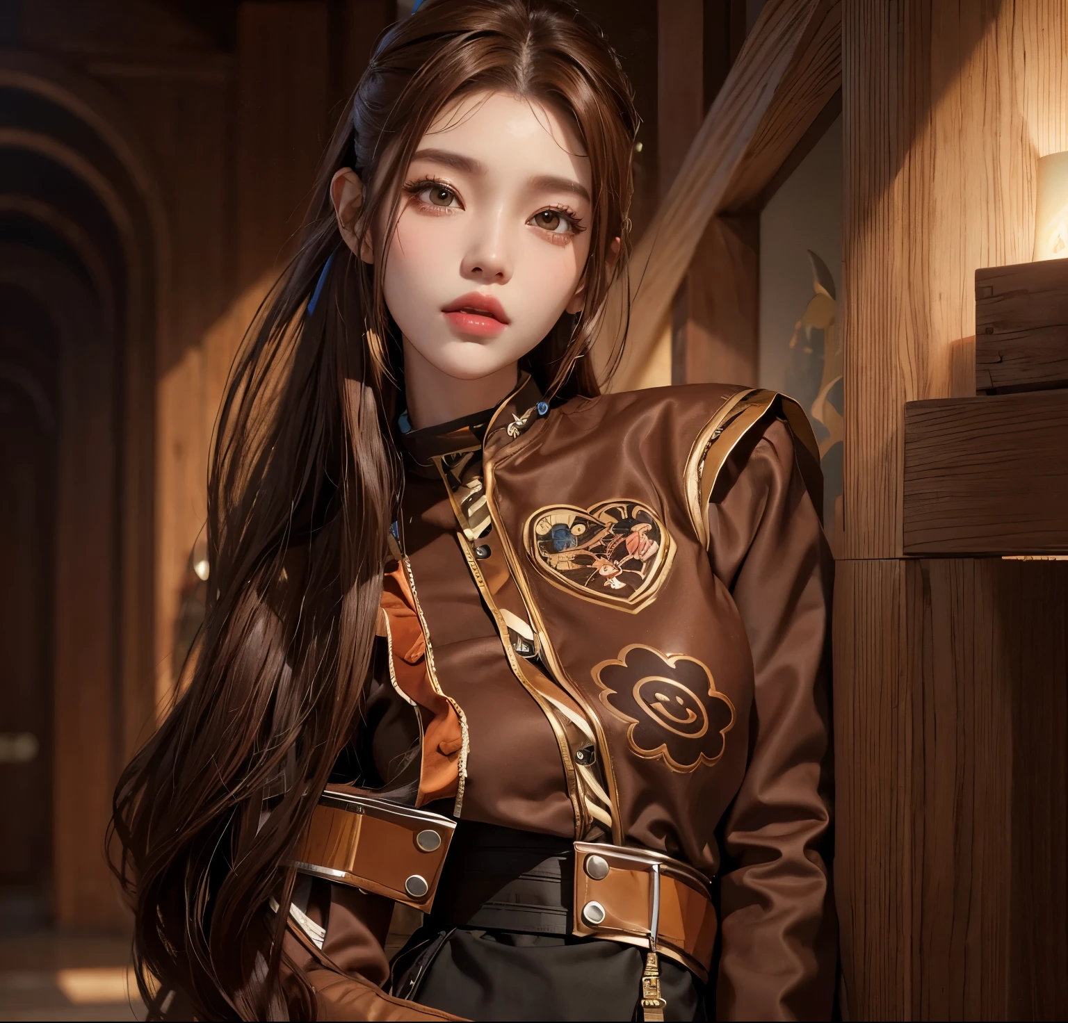 aVATAR SECOND LIFE Korean girl wearing brown blouse, chestnut hair, chestnut hair, chestnut hair, Asian, Perfect and detailed face, imvu, maximalist details, AVATAR SECOND LIFE Korean blusa , neon