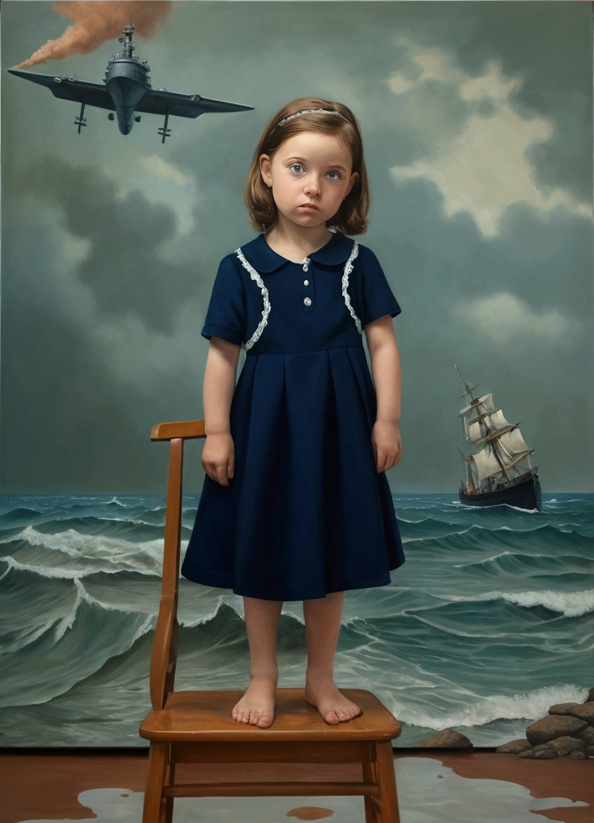 there is a  standing on a chair in front of a painting, inspired by Stevan Dohanos, portrait picture, inspired by Charles Addams, girl with warship parts, portrait photo of a backdrop, inspired by Frieke Janssens, inspired by Gottfried Helnwein, inspired by Alice Prin, full portrait, inspired by Charles Gleyre, surreal