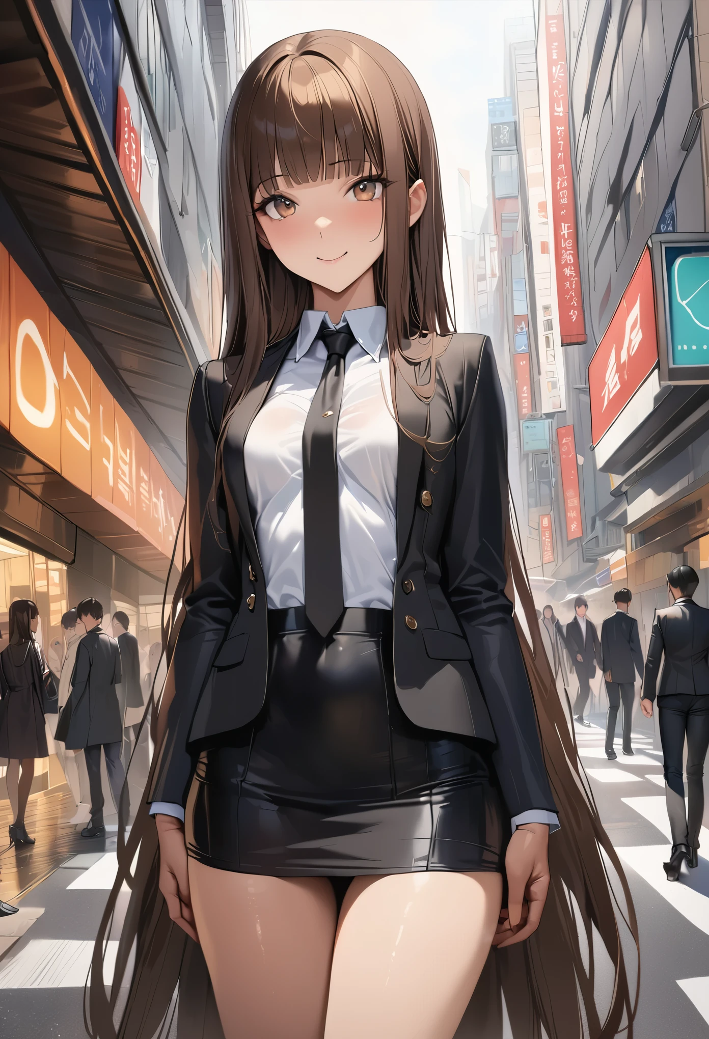 ((masterpiece,best quality anime,Highest quality:1.3)),realistic,cowboy shot,23-year-old beauty,独奏,1woman,((very small head:1.3)),((very long body:1.2)),ideal ratio body proportions,(tan skin),brown hair,bangs,straight long hair,gorgeous eyes,brown eyes,blush,(Black formal jacket、Black tie、Black tight mini skirt),White collared shirt、((slender body,skinny,toned body)),small breasts,gleaming skin,、on street,Shibuya Station、、