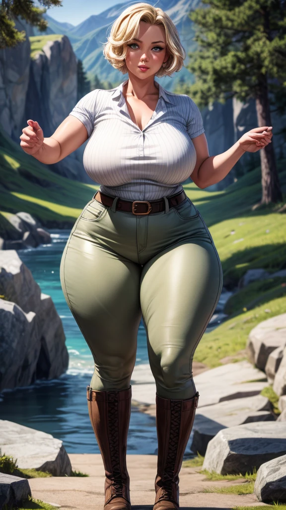 1940s art post, pinup, thicc, Short Blonde hair, 30 years old woman, semi athletic body, 5 foot height, light blue eyes, gray skin tight shirt, khaki tight pants, tactical belt, boots, standing in the mountains, masterpiece, high quality, crazy details, 8k uhd, photorealistic, dramatic lighting, mature female, 