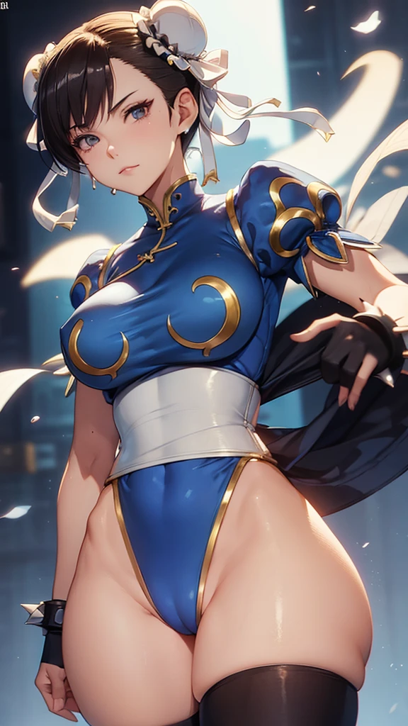 ,best qualityer,blue outfit,chun li,solo, masterpiece, best quality, agrias, grey sweater, black leotard, looking at viewer, short hair,The eyes,evil smile, evil look,black gloves,blue outfit,yandere face,low lighting,healed thigh detailed cup,looking forward jury han,Bela,detailed hand, showing armpits and pussy half naked. Colorful background. 
