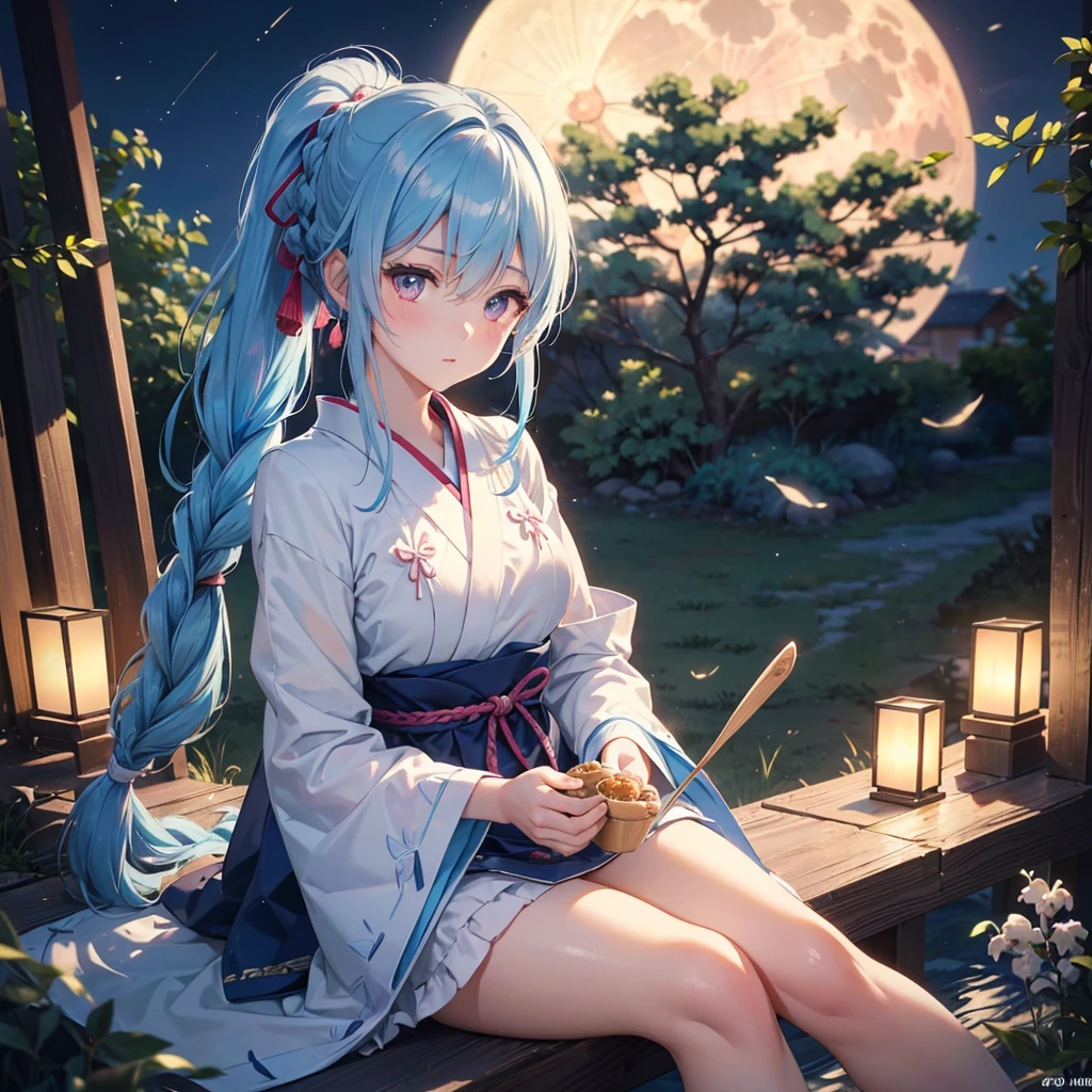 Sky blue hair, (Braided Ponytail:1.2), Pink eyes,Fair skin ,(whole body),(One Girl),Tsukimi,(White sweet dumplings ),Japanese pampas grass,(beautiful, Full moon shining in the night sky),(masterpiece, Highest quality, Very detailed, Best Shadow), (Detailed Background), (Beautifully detailed face), High Contrast, (Best lighting, Very delicate and beautiful), ((Cinematic Light)), colorful, Hyper Detail,8k, Dramatic Light, Intricate details,Sit and eat dumplings while watching the moon,(Shadow of a rabbit on the moon),mysterious