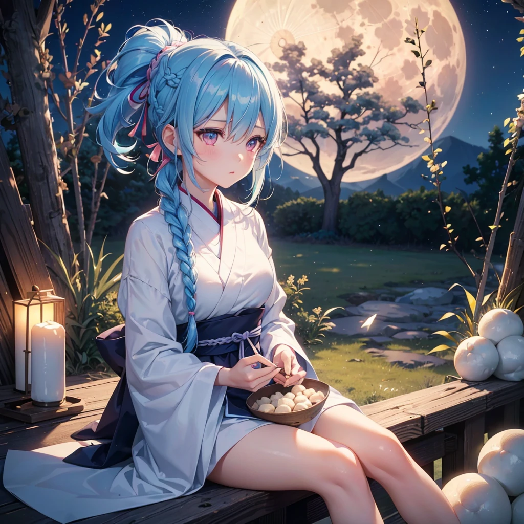 Sky blue hair, (Braided Ponytail:1.2), Pink eyes,Fair skin ,(whole body),(One Girl),Tsukimi,(White sweet dumplings ),Japanese pampas grass,(beautiful, Full moon shining in the night sky),(masterpiece, Highest quality, Very detailed, Best Shadow), (Detailed Background), (Beautifully detailed face), High Contrast, (Best lighting, Very delicate and beautiful), ((Cinematic Light)), colorful, Hyper Detail,8k, Dramatic Light, Intricate details,Sit and eat dumplings while watching the moon,(Shadow of a rabbit on the moon),mysterious