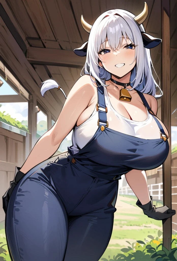 ((Best Quality)), ((masterpiece)), (detailed), 1 girl, short white hair, black locks, black eyes, cow ears, cow horns, big breasts, big thighs, cow tail, expression smiling, long tight blue dungarees pants, White T-shirt, bell necklace, short black gloves, In a farm