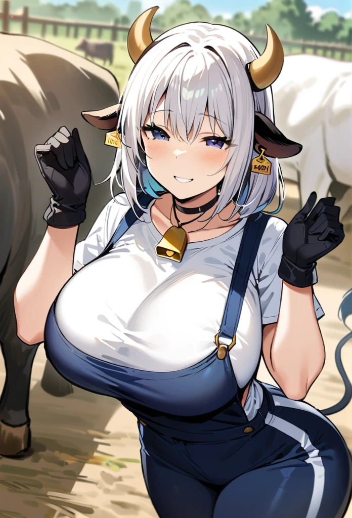 ((Best Quality)), ((masterpiece)), (detailed), 1 girl, short white hair, black locks, black eyes, cow ears, cow horns, big breasts, big thighs, cow tail, expression smiling, long tight blue dungarees pants, White T-shirt, bell necklace, short black gloves, In a farm