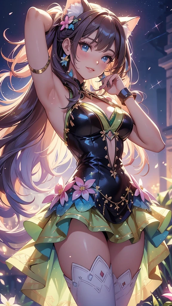 (best quality,4k,8k,highres,masterpiece:1.2),ultra-detailed,(realistic,photorealistic,photo-realistic:1.37),acrylic painting,beautiful Brazilian model in a ta dress with downy hair,beautiful Brazilian model with extremely colorful hair and detailed facial features,beautiful Brazilian model standing in a beautiful garden surrounded by a starry sky,brown hair,beautiful Brazilian model wearing a vibrant Loliress,beautiful Brazilian model with intricate accessories,cat ears,beautiful Brazilian model posing gracefully with her hands on her hips,beautiful Brazilian model with long flowing twintails,beautiful Brazilian model with bright blue eyes and rosy lips,beautiful Brazilian model with a joyful expression,beautiful Brazilian model in a dynamic pose with cherry blossoms falling around her,beautiful Brazilian model surrounded by colorful flowers and butterflies,beautiful Brazilian model's dress adorned with cute bows and lace details,beautiful Brazilian model with an enchanting smile,beautiful Brazilian model with soft, pastel-colored shading,beautiful Brazilian model with a magical glow illuminating her,beautiful Brazilian model in a picturesque setting with a winding path leading to a magnificent castle,beautiful Brazilian model holding a microphone and singing passionately,beautiful Brazilian model with a fairytale-like background,beautiful Brazilian model with a soft, dreamy atmosphere,beautiful Brazilian model with a subtle bokeh effect,beautiful Brazilian model standing under a moonlit sky,beautiful Brazilian model with a warm, golden sunset in the background,beautiful Brazilian model surrounded by twinkling stars and colorful nebulae,creating an ethereal and captivating artistic masterpiece.