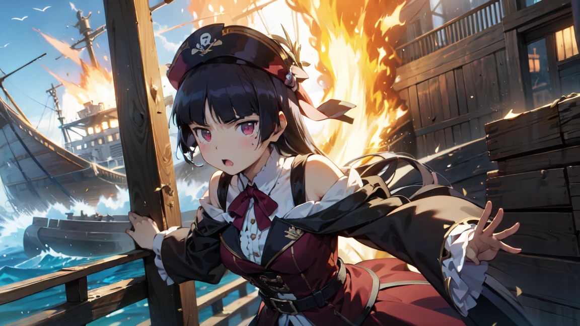 pirate戦争, Dramatic, One Girl, Hime cut, (ruri gokou), Red eyes, pirate, pirate hat, deck, coat, Bare shoulders, Eye patch, Fierce naval battle, Brawl, pirateの旗, Artillery fire, Shattered Ship, Splash, Cannon smoke, Black sail, Fire and Destruction, bullets flying, cutlass