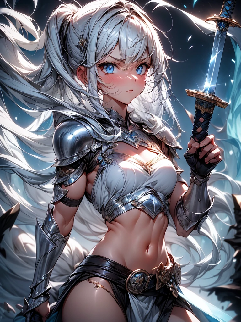 Abdominal musclesurdres ,1 girl,Serious,Silver Hair,blue eyes,Bikini Armor,(Holding a sword :1.3),Abdominal muscles,silver gloves ,Leather Waistband,rest,(look up :1.3),Dynamic poses,Dynamic Angle,Dynamic Lighting,wilderness,fantasy,rest,best quality,Extremely detailed,Surrealism, Perfect anatomical structure,Perfect 5 fingers,Astonishing,Super beautiful illustrations