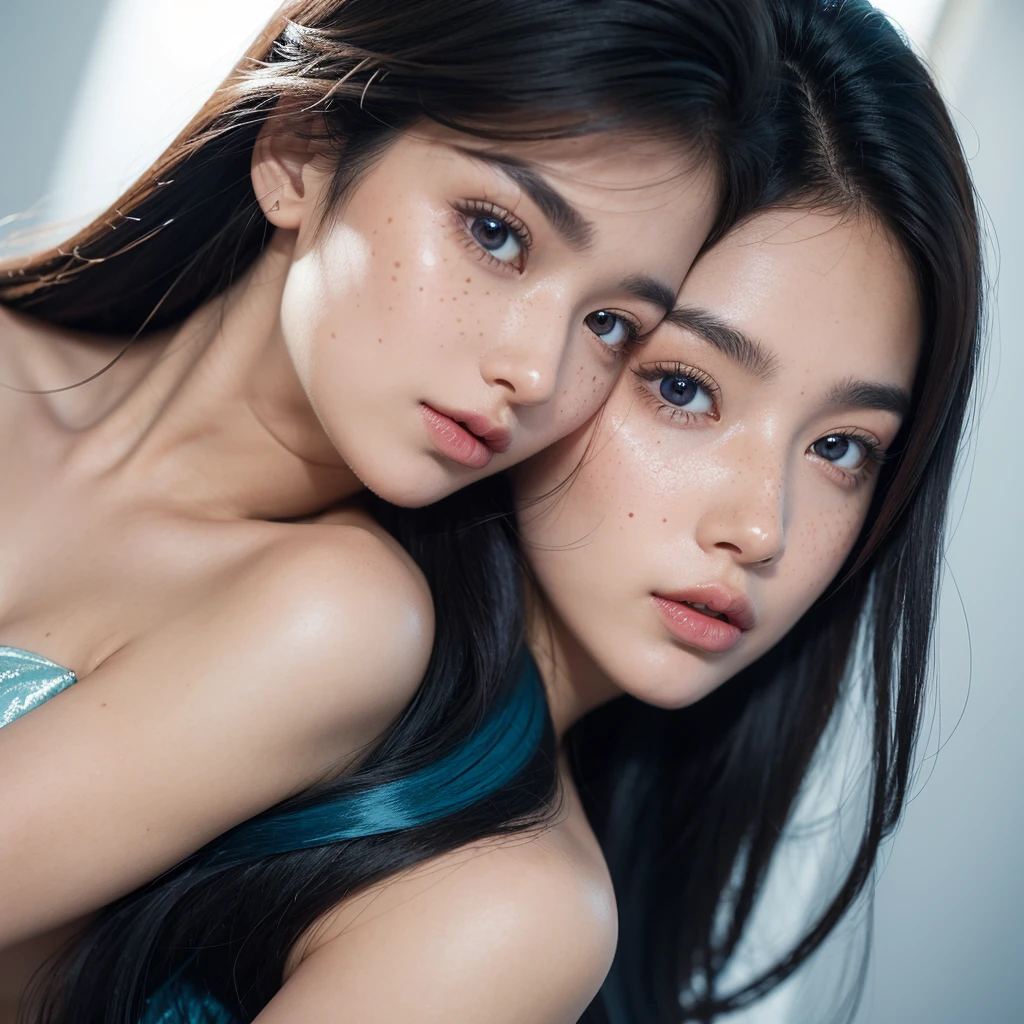 Create a hyper-realistic image of a 24-year-old Brazilian woman with straight, silky black hair with blue highlights that fall softly over her shoulders reaching down to the middle of her back. His eyes are an extremely clear and crystalline blue, contrasting impressively with his golden, sun-tanned skin. Her lips are plump and delicate, with a slight natural shine. Her face has perfect symmetry and below her eyes and nose she has delicate freckles, giving her a natural charm, frontal portrait