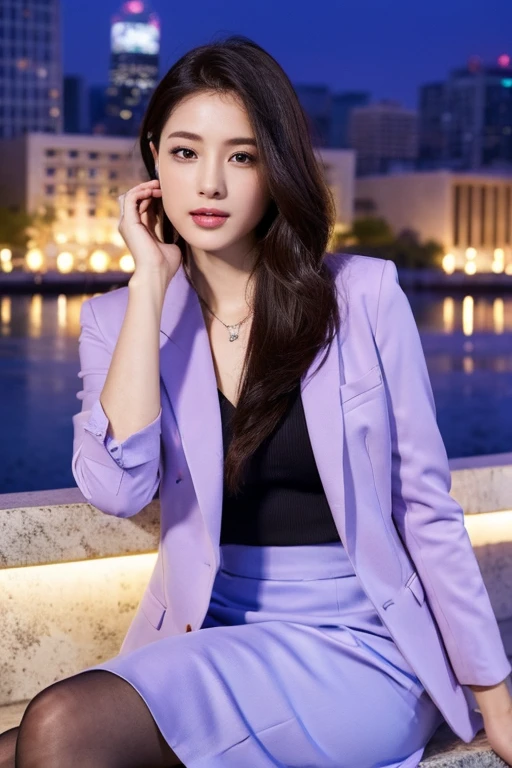 ((Highest quality、Ultra-high resolution、masterpiece))、(Full Body Portrait)、Lilac blazer、(blouse:1.1)、(Lilac long skirt:1.3)、(silk pantyhose)、(Sitting down, her high heels and legs look beautiful.)、1 girl、Mid-chest、(Perfect Anatomy, Perfect body, Perfect hands, Perfect Face, Perfect Eyes, Accurate, Anatomically correct), Perfectly clear and sharp focus, ((Highest quality、Ultra-high resolution, masterpiece, Ultra-realistic))、Modern architecture at night on the background、Professional Lighting
