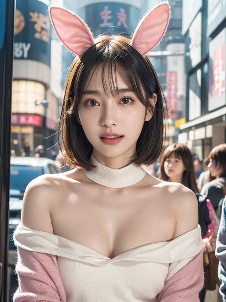 Low angle、Shooting from below、White knitted tops、White sweater、Exposed shoulders、Wear jeans pants、wrap a knitted scarf around your neck、I can see her cleavage、Nipples、Morning in the city、Morning Glow、Ink、Tattoo、Full nudity、Pink short hair、Full nudity(8k, Highest quality, masterpiece:1.2), (Realistic, Photorealistic:1.37)、cute、solo、(Laughter:1.15)、(Mouth closed)、Small breasts、(short hair:1.2)、Masseter muscle area、Pink short bob、Realistic rabbit ears、ピンクのRealistic rabbit ears、頭から突き出たRealistic rabbit ears、Pink Hair、Beautiful girl in her 20s、Enchanting atmosphere、Beautifully shaped hands、K-Pop、Pink bunny ears、One Girl、solo、masterpiece、Highest quality、Realistic、Hyper Detail、Absurd、ピンクのshort hair、Slender beauty、Dynamic Lighting、High resolution、Sharp focus、Depth of written boundary、(Thick tight:1.0)、Slender :1.2,((Short Bob Hair))、((K-Pop:1.3)),Highly detailed face and skin texture、((attractive)),Anatomically correct number of fingers,Correct Anatomy,whole body,Cowboy Shot